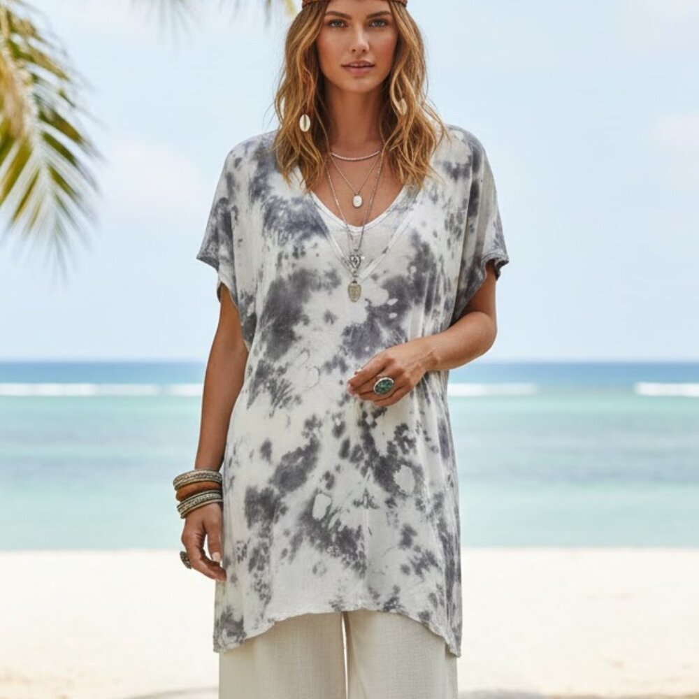 XCVI Tunic Dress Lagenlook Tie Dye Print Loose Fit Overlay Top size L Women's